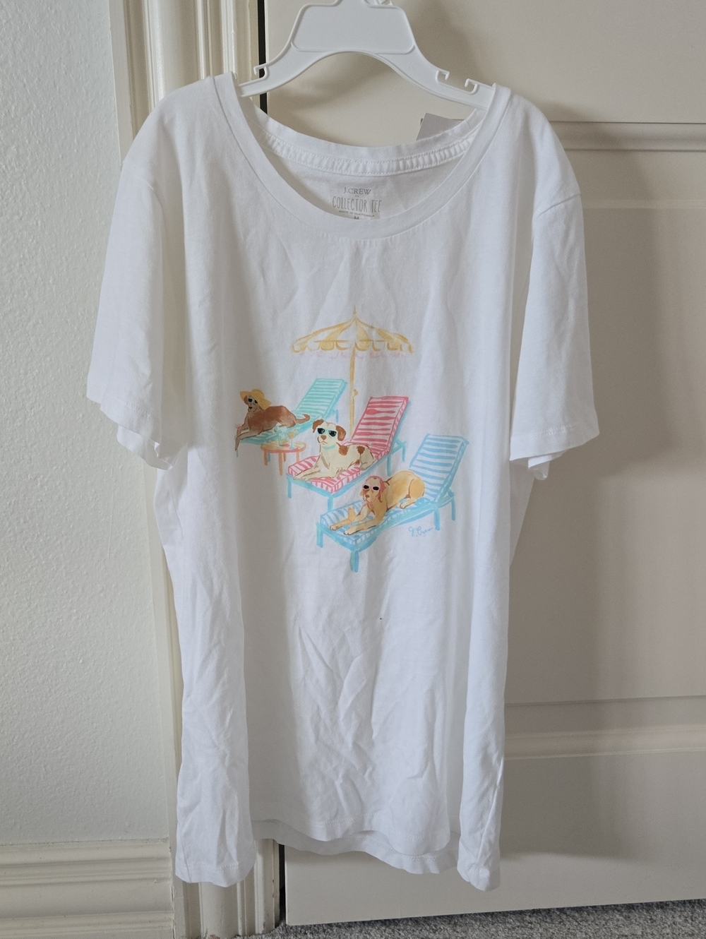 J. Crew White Short-Sleeve Tee with Pastel Beach Dog Graphic - Collectors Tee
